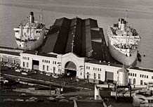 The workplace walled off; Pier 35 with bulkhead building